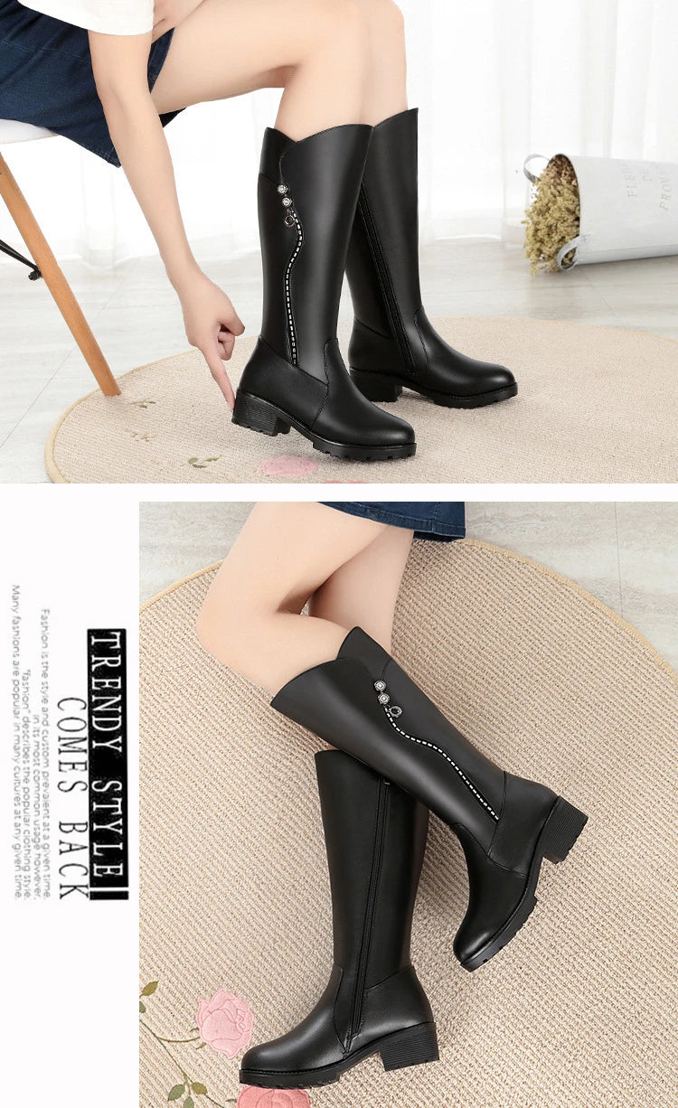 WOIZGIC Damen-Stiefel aus echtem Leder, für Damen, Plattform, Schnee, Wolle, Plüschfell, warm, Winter, mittlerer Absatz, Reißverschluss, Übergröße 42 43