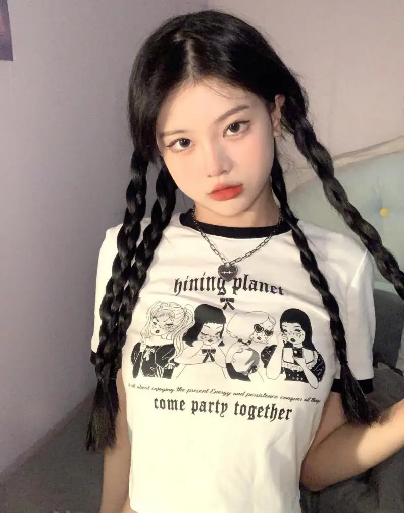 Koreanische High Street Vintage Frauen Top Rundhals Mode Brief druck Crop Top Sommer neue Frauen Kurzarm T-Shirt
