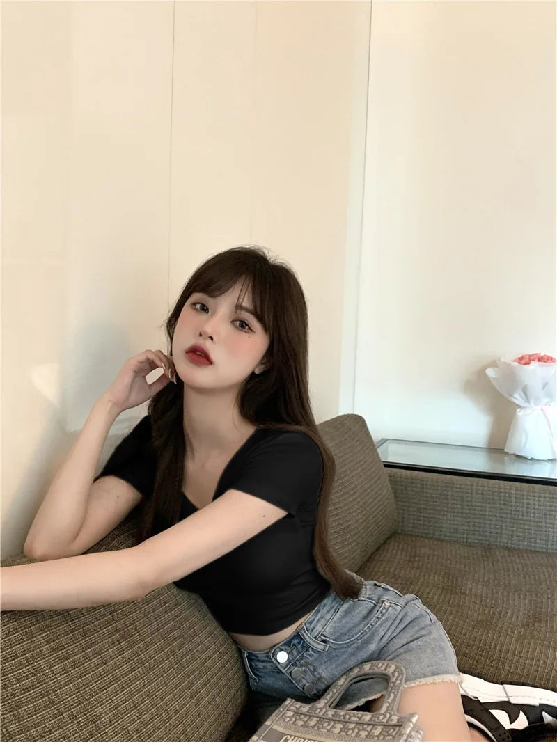 Sommerliche sexy Crop-Tops für Damen, schmal geschnitten, Kpop Y2K Kawaii Gothic T-Shirt, Harajuku Vintage, günstige Kleidung, süße Streetwear-Shirts