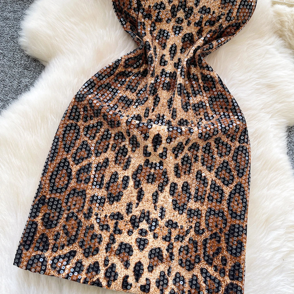 SINGREINY Sexy Leopard Women Dress 2026 Summer Trendy Night Club Party Sling Spicy Girl Sequined Glitter Bodycon Mini Dresses