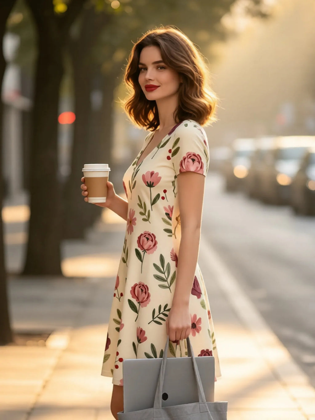 Damen-Kleid mit V-Ausschnitt, kurzen Ärmeln und Blumenmuster, A-Linie, lässig, für Terrasse, Brunch, Sommer, Sommerkleid, Outfit, schön, für den Alltag, feminin, anmutig, einfach
