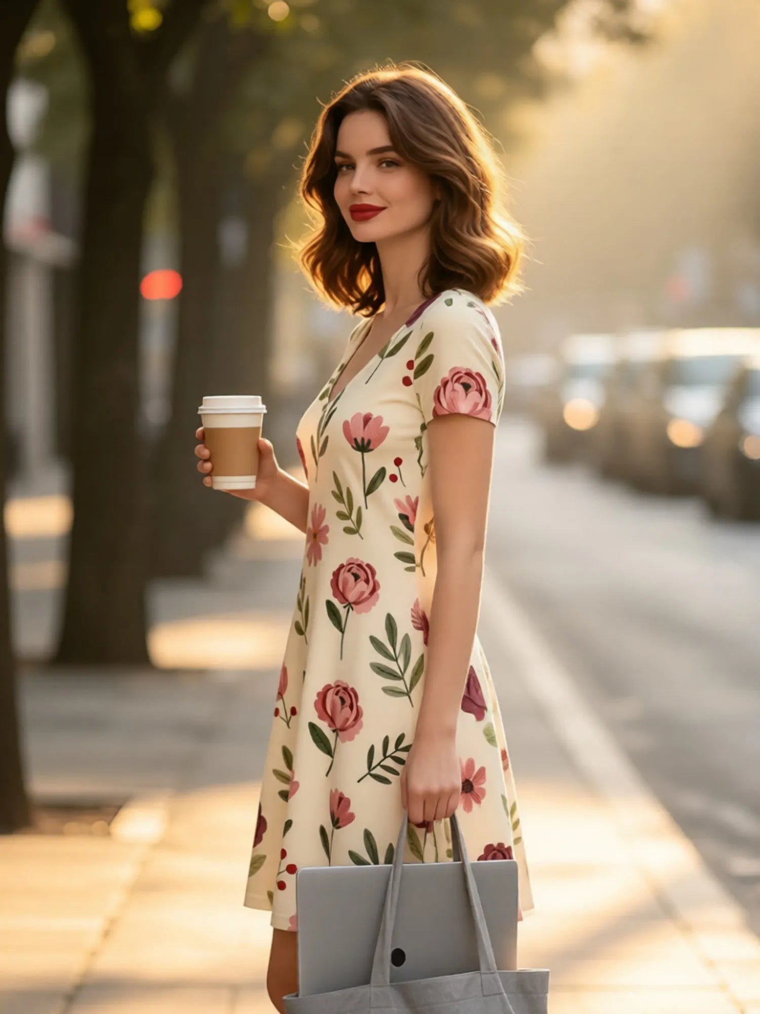Damen-Kleid mit V-Ausschnitt, kurzen Ärmeln und Blumenmuster, A-Linie, lässig, für Terrasse, Brunch, Sommer, Sommerkleid, Outfit, schön, für den Alltag, feminin, anmutig, einfach