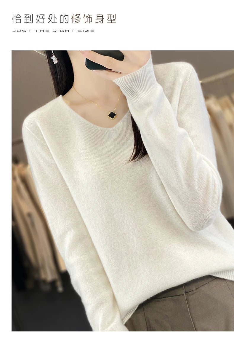 Frauen 100% Merinowolle Pullover V-Ausschnitt Basic Pullover Herbst Winter Kaschmir Kleidung Langarm weiche Strickwaren Tops einfarbig