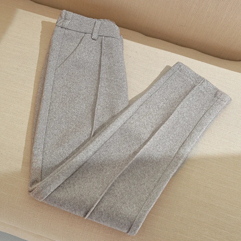 High Waist Wool Blend Pants Women Winter Thicken Plush Lined Harem Pantalones Office Casual Warm Ankle-length Woolen Spodnie