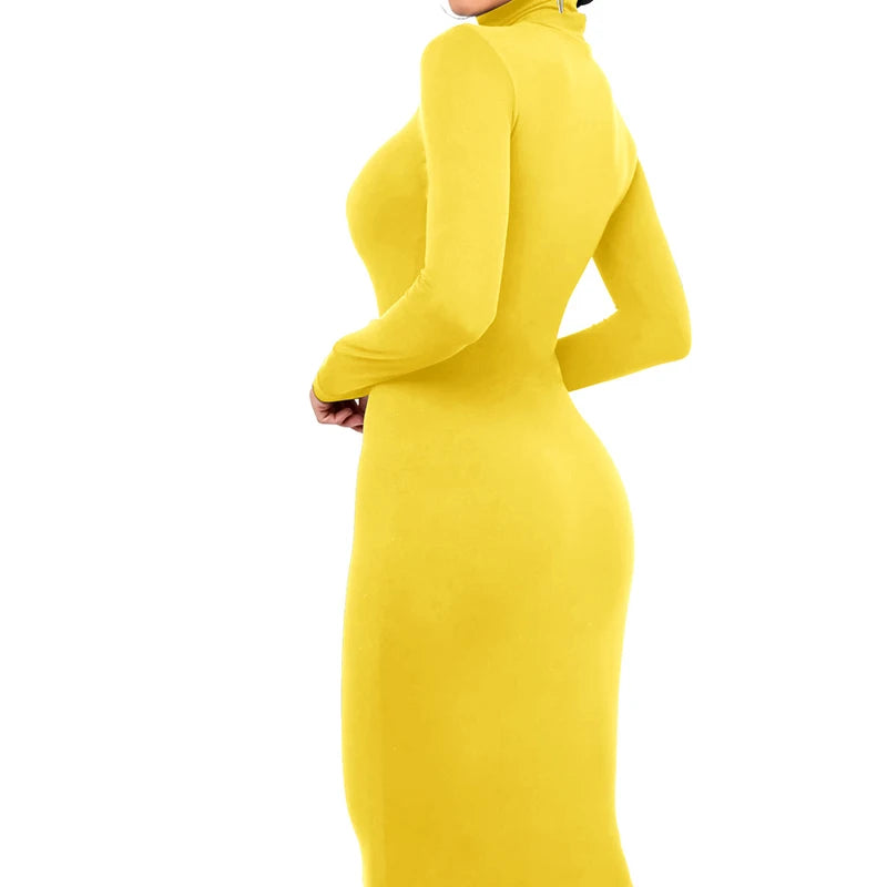 Winter Schwarz Rollkragen Sexy Frauen Kleid Herbst Langarm Dünne Midi Boydcon Casual Blau Plüsch Knie-Länge Party