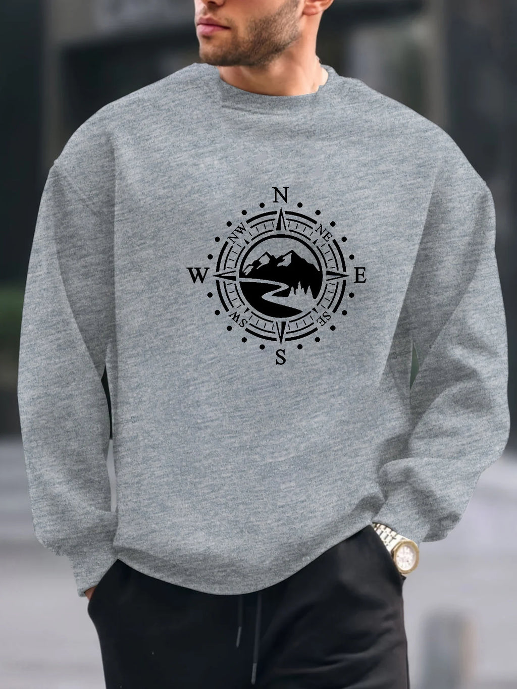 Men's autumn and winter fashionable casual loose compass and mountain graphic printed long sleeved round neck sweatshirt
