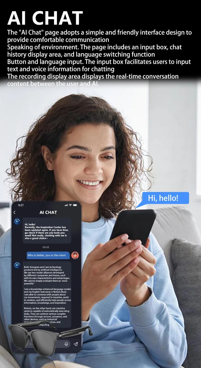 New AI Smart Glasses Intelligent Real-time Language Translator Bluetooth Wireless Headphone AI Chat Smart Sunglasses Men Wome
