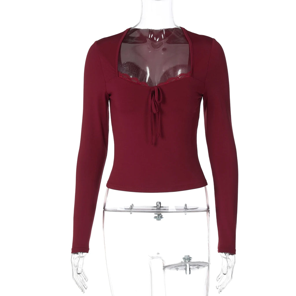 Dulzura 2025 Herbst Neueste Mode Sexy Quadrat Kragen Langarm Schlank Spitze Up Spitze Rüschen Patchwork T-Shirt Party Club Kleidung