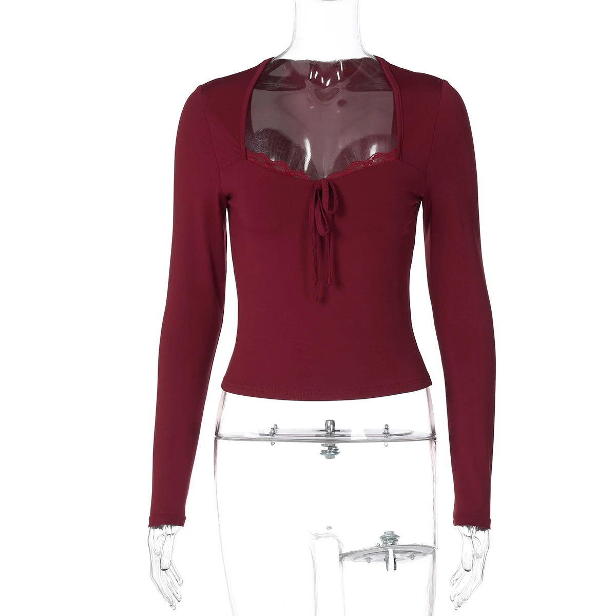 Dulzura 2025 Herbst Neueste Mode Sexy Quadrat Kragen Langarm Schlank Spitze Up Spitze Rüschen Patchwork T-Shirt Party Club Kleidung