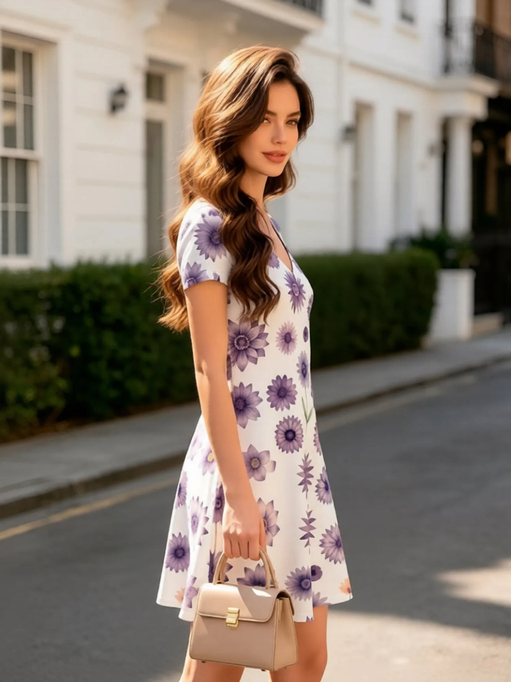 Damen-Kleid mit V-Ausschnitt, kurzen Ärmeln und Blumenmuster, A-Linie, lässig, für Terrasse, Brunch, Sommer, Sommerkleid, Outfit, schön, für den Alltag, feminin, anmutig, einfach