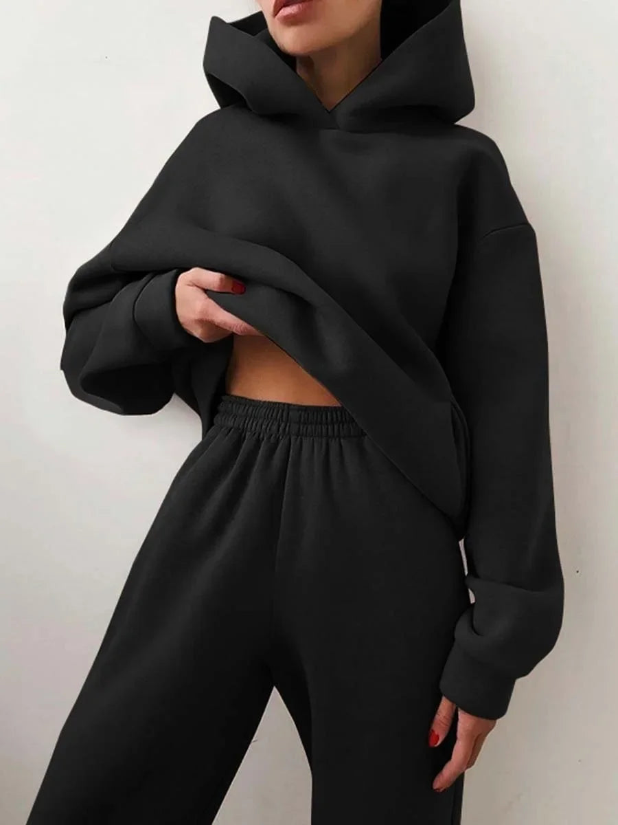 Plus Size 2024 Autumn/Winter Amazon Cross-Border Women's Fashion Casual Thickened Long Sleeve Sweatshirt Trousers Two-Piece Suit