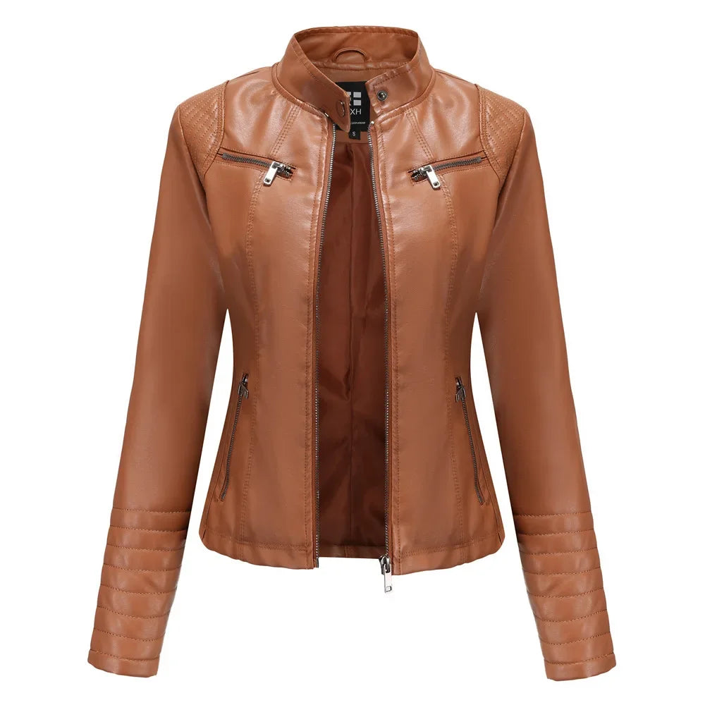 Neue 20-Damen-Lederjacke, dünn, Motorrad-Stil, kurze modische Damenjacke, Stehkragen, volle Ärmel, aus dem Festland China