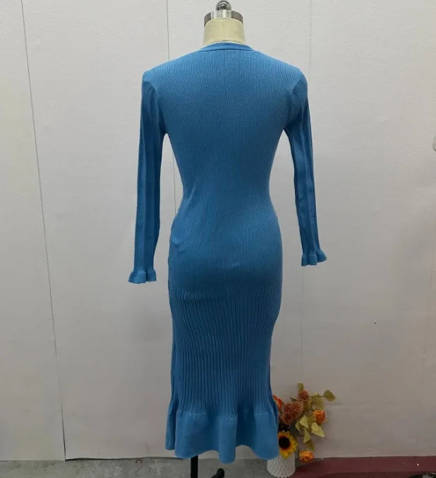 Kleid Frauen Lange Kleider Maxi Einreiher Volle Hülse V-ausschnitt Hohe Taille Schlank Party Herbst Elegante Splice Gestrickte Vestidos