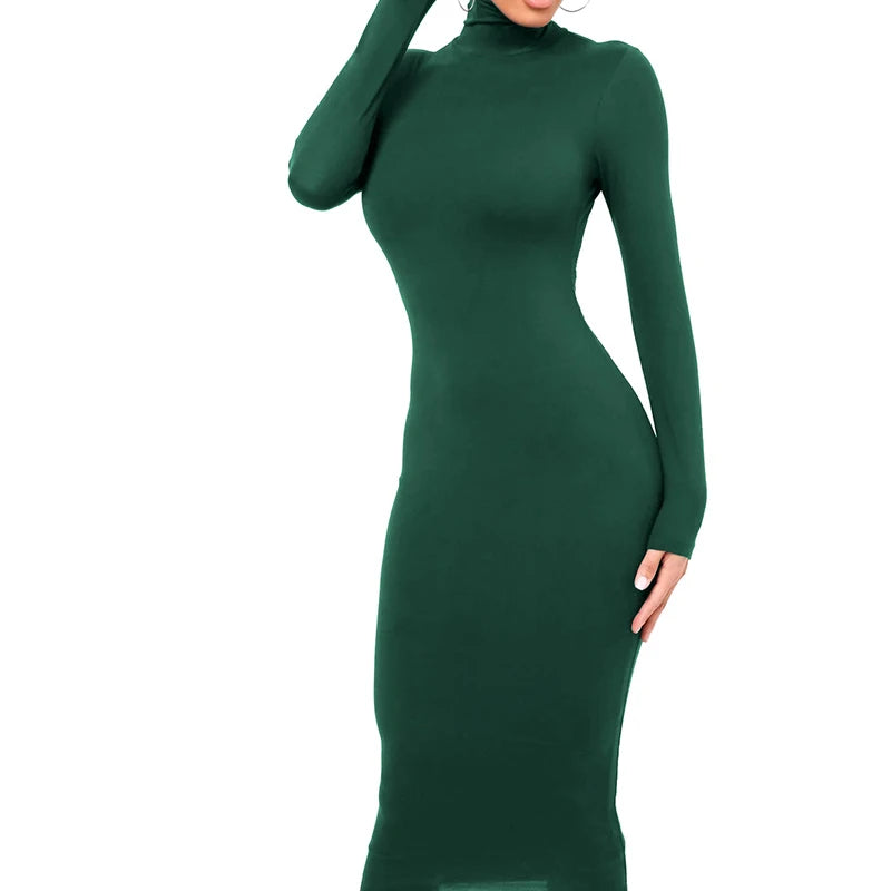 Winter Schwarz Rollkragen Sexy Frauen Kleid Herbst Langarm Dünne Midi Boydcon Casual Blau Plüsch Knie-Länge Party