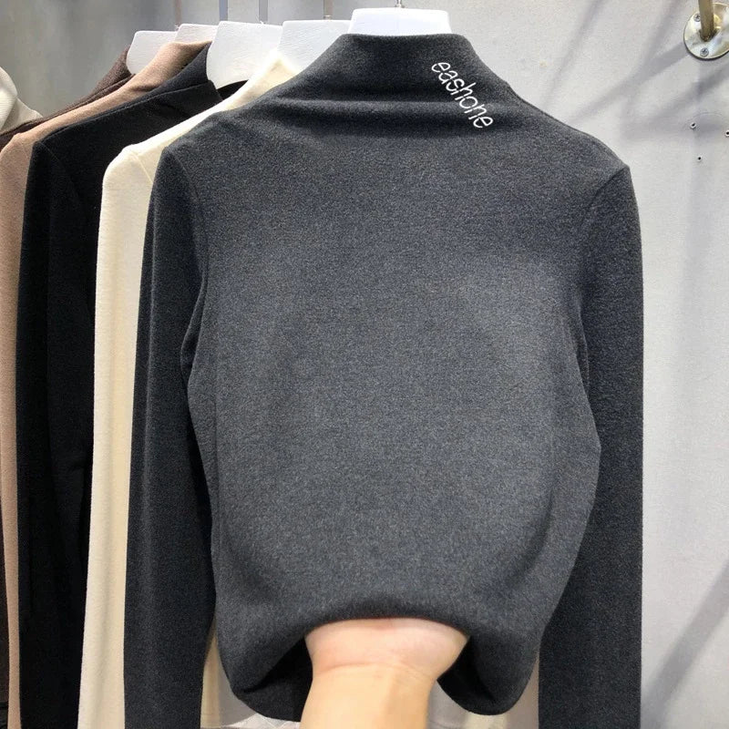 Harajuku half turtleneck Casual slim fleece Thick bottoming T-shirt autumn winter velvet Long Sleeve solid T Shirt Women y2k Top