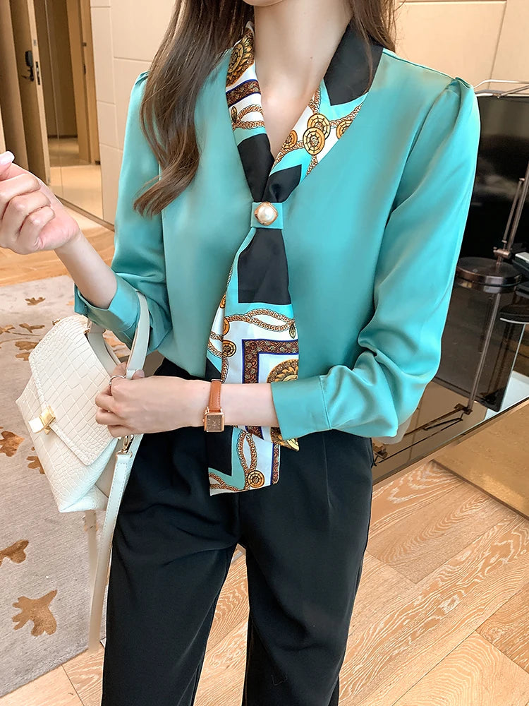 H Han Königin Frühling Chiffon Einfache Büro Dame Bluse Weibliches Hemd Bogen Tops Langarm Casual Koreanische OL Lose Blusen Frauen