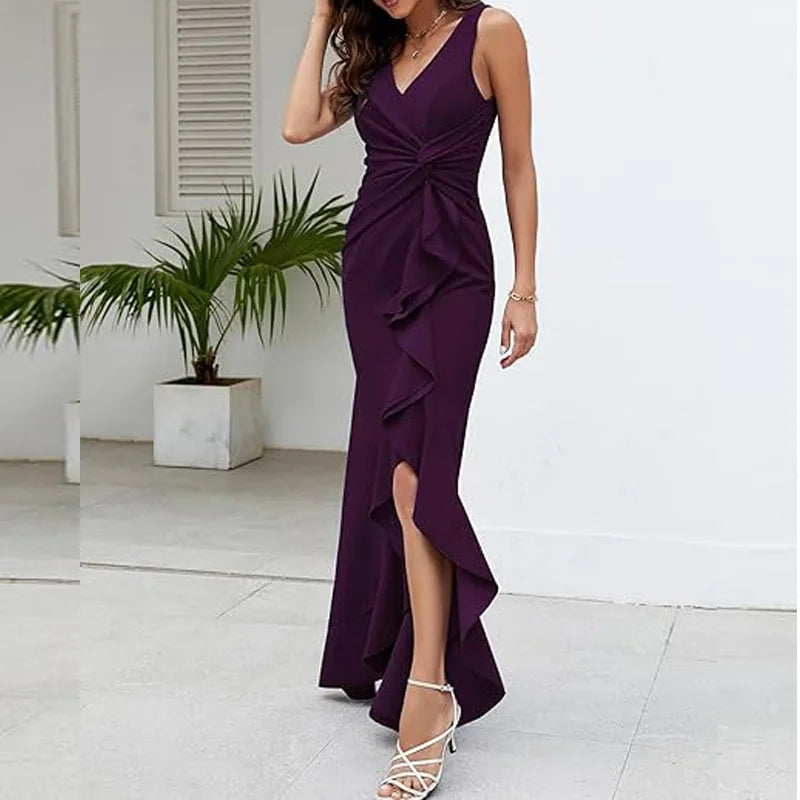 Sexy Schlitz, Rüschen, ärmellos, Abendkleider für Damen, modisch, V-Ausschnitt, schlank, plissiert, elegantes weibliches Maxi-langes Kleid 2025,
