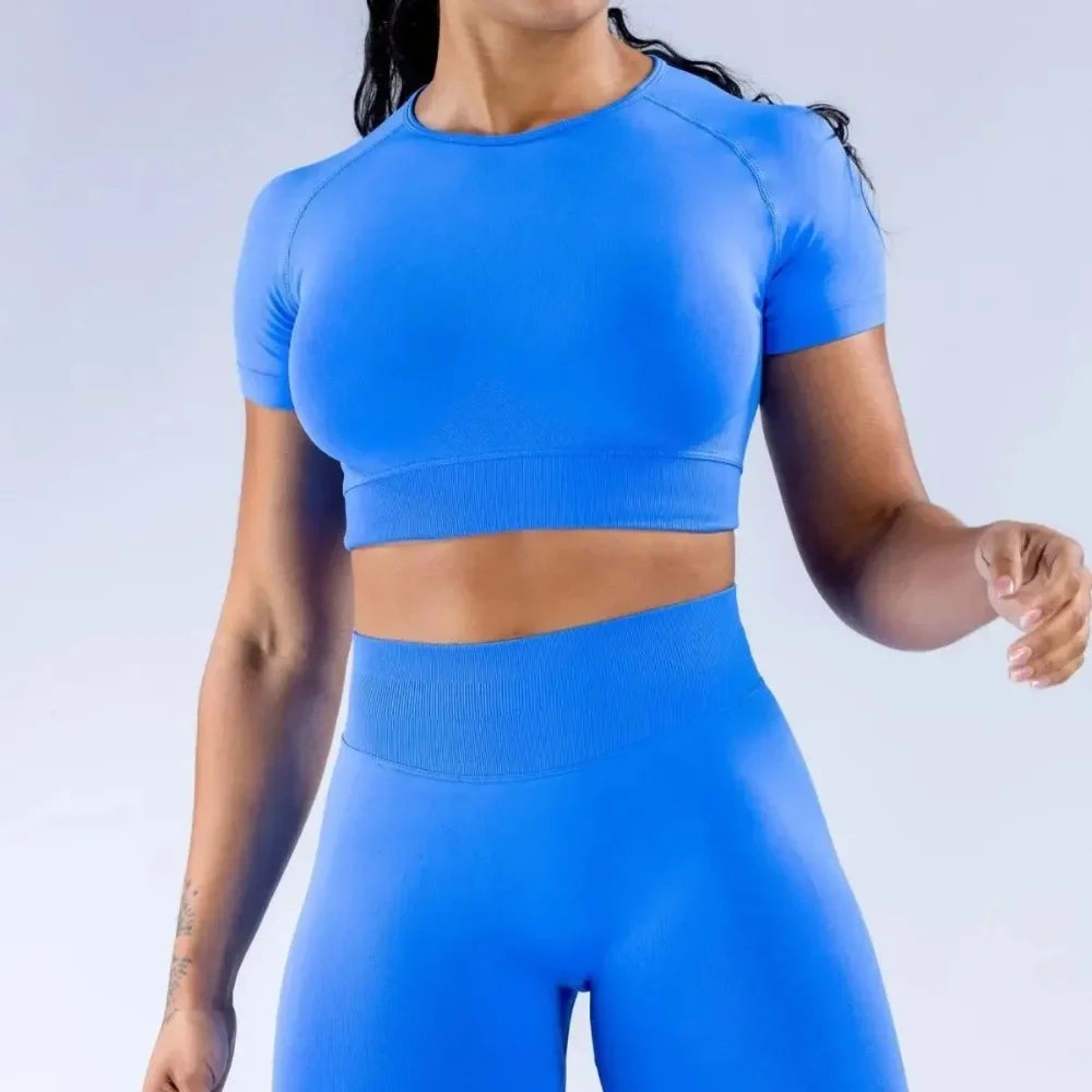 Sommer-Damen-Yoga-Top, einfarbig, kurzärmelig, mit freiliegendem Nabel, eng anliegend, Rundhalsausschnitt, für Fitnessstudio, Sport, kurzärmeliges T-Shirt