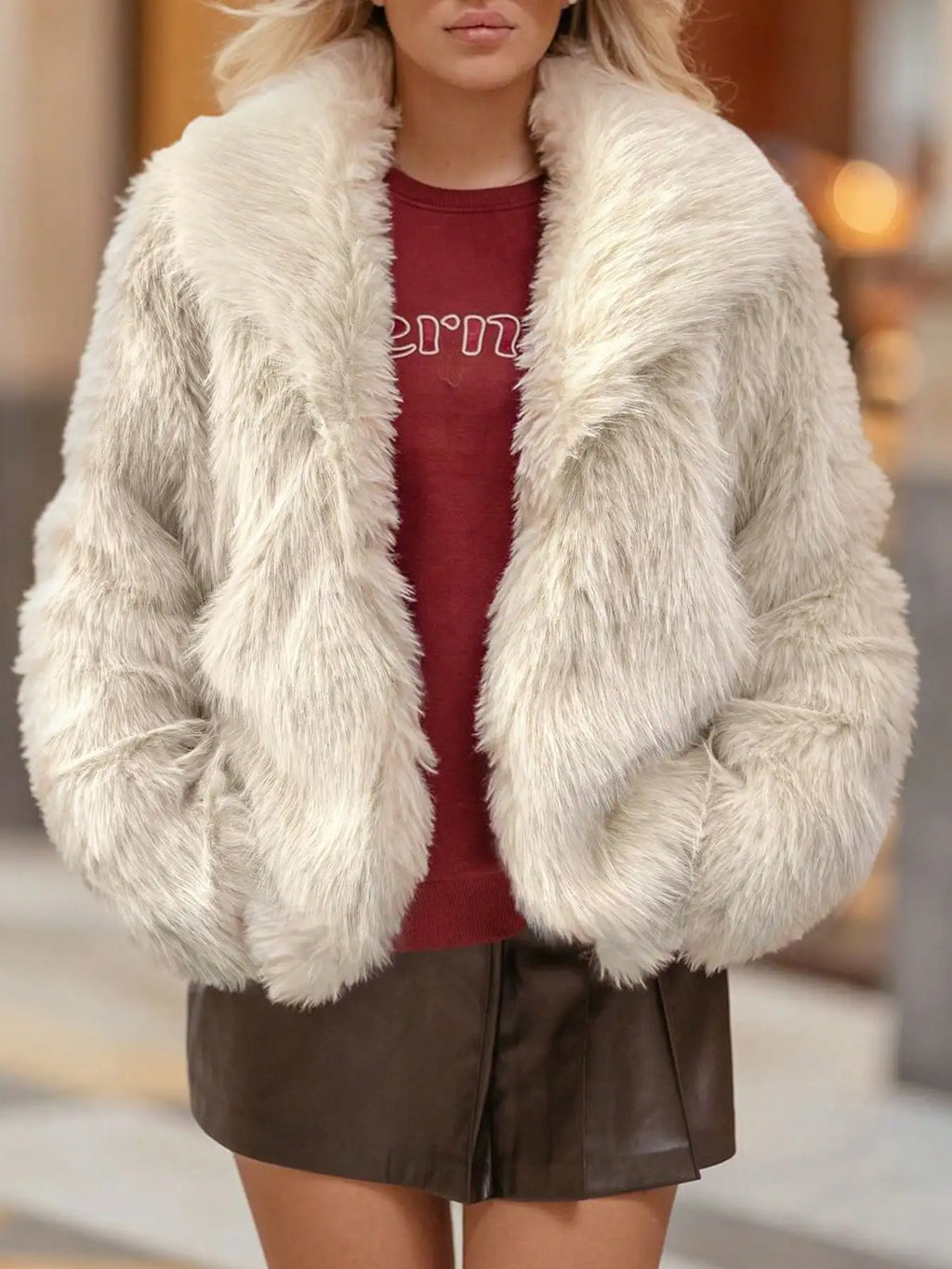 Luxuriöser Kunstpelzmantel für Damen, Winter, warm, flauschig, pelzige Jacke, Reverskragen, kurze Oberbekleidung