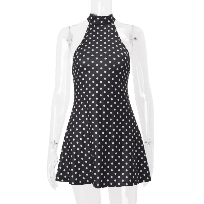 Polka Dot Elegante Off Schulter Ärmellose Backless Hohe Taille Halter Mini Kleid Y2K Sommer Fashion Club Party Vestidos