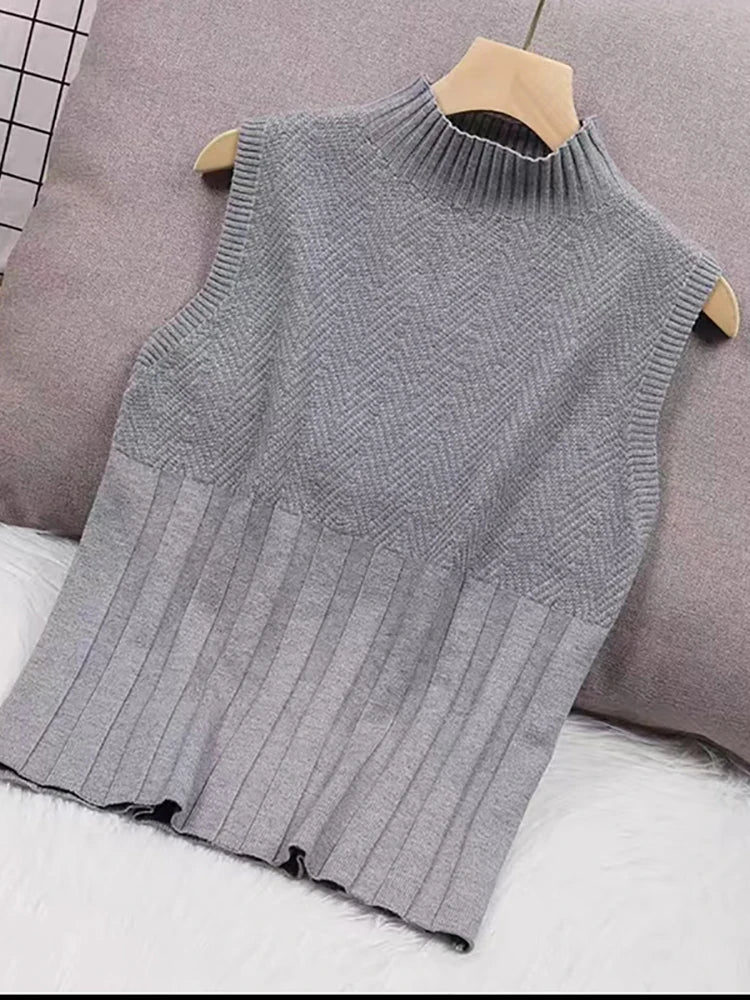 HELIAR Frauen Sommer Beiläufige Gestrickte Tank Tops Solide Ärmellose Halb Hohe Kragen Schlank Basis Shirt Sexy Top Strickwaren Y2k High Street