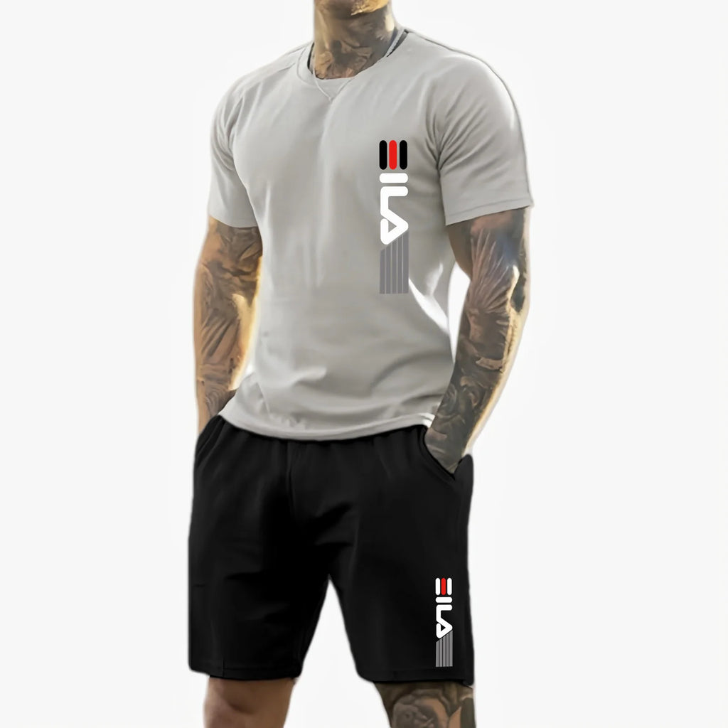 Männer 2025, Sommer, neuer lässiger Sportanzug, modisches, atmungsaktives Outdoor-Herren-Kurzarm-T-Shirt + Trainingsshorts, zweiteiliges Set