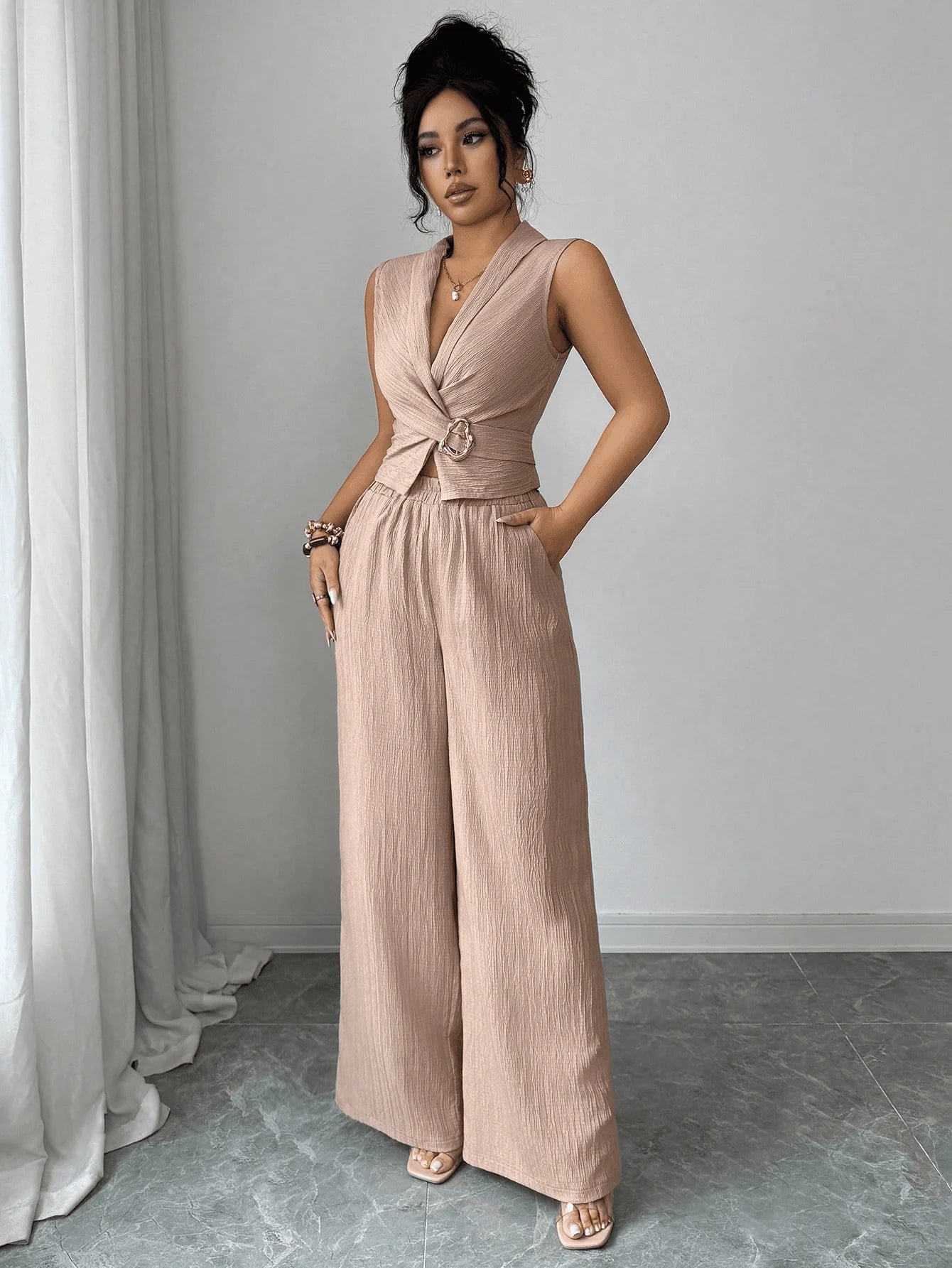 Damen 2-Teiliges Outfit Sommer Ärmelloses Wickel-V-Ausschnitt Crop Top Weite Hose Set Lässiges Elegantes Büro Zweiteiler