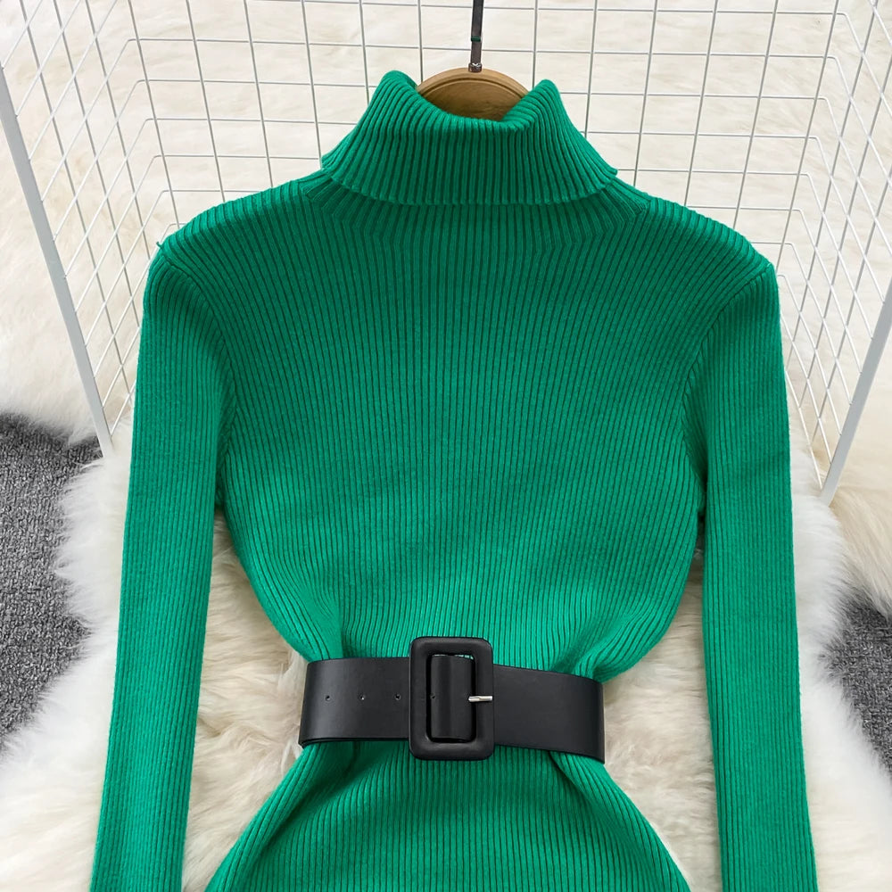 REALEFT Herbst Winter 2025, neue Rollkragen frauen Gestrickte Kleider mit Gürtel Langarm Elegante Bodycon Wrap Kleid Weibliche