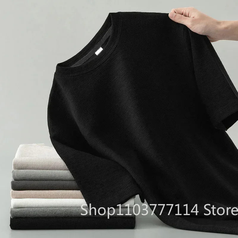 Koreanischen Stil Männer Sommer T-Shirt Mann Kurzarm Waffel Solide T-Shirt Farbe Casual Tee Runde männer Rundhals Mode top