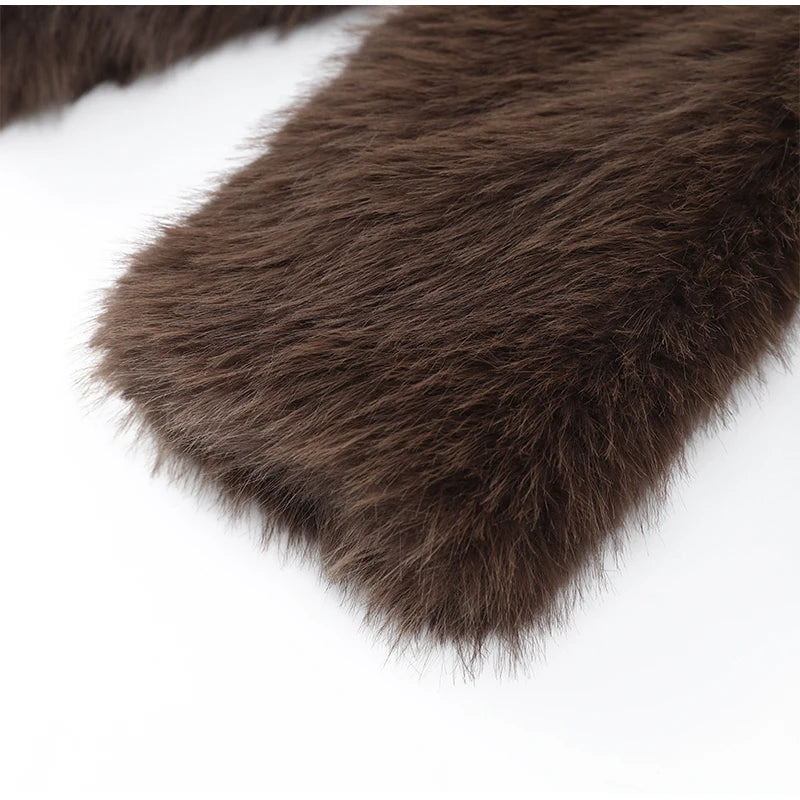 Solide braune flauschige Pelzjacke für Damen, lässig, Revers, lockere lange Ärmel, verdickt, warmer Kurzmantel, 2025, Winter, neue Dame, Pendelkleidung