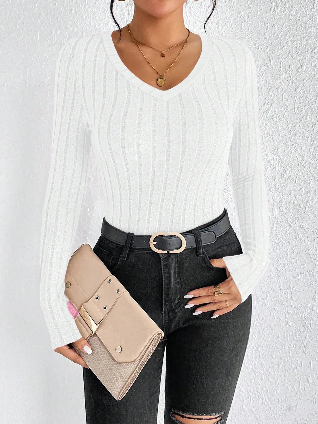 Slim Fit V-Neck Knitted Jumper Long Sleeve Top for Women Sexy Trendy Pullover Casual Wear
