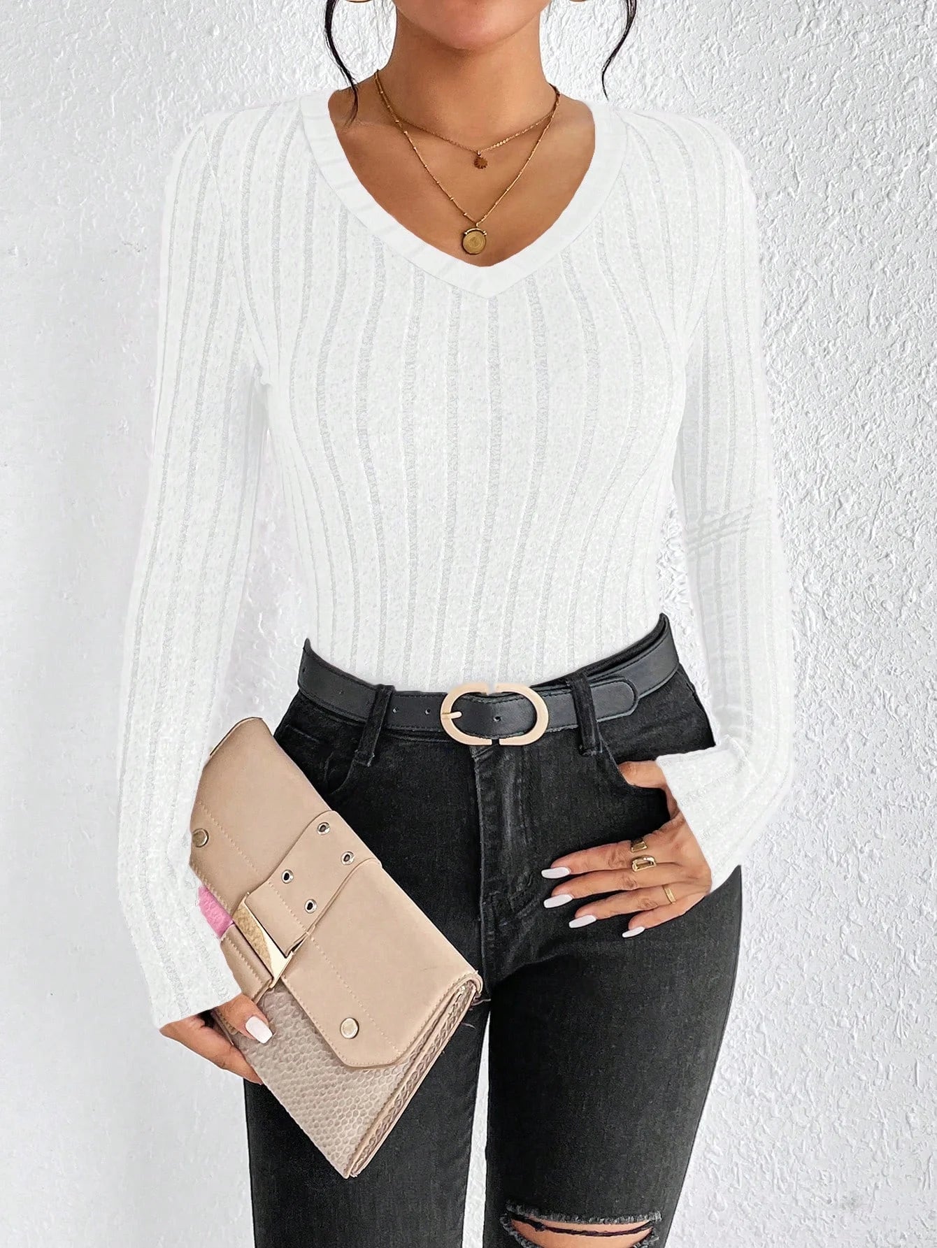 Slim Fit V-Neck Knitted Jumper Long Sleeve Top for Women Sexy Trendy Pullover Casual Wear