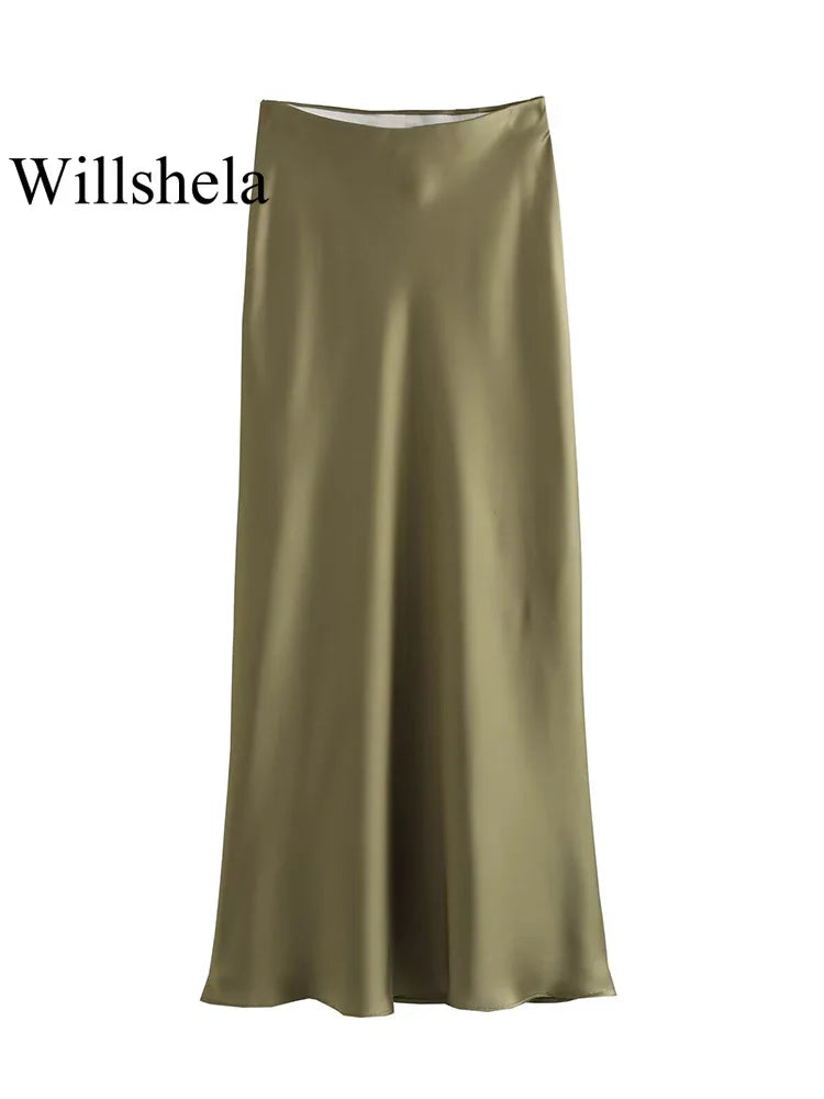 Willshela 2024 Schwarz Satin Rock Frau Hohe Taille Elegante Lange Röcke Für Frauen Mode Sommer Midi Rock Büro frauen Röcke