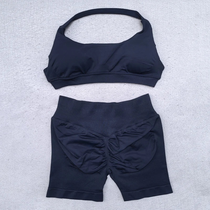Shorts-Set, 2-teilig, nahtlos, Yoga-Set, Workout-Trainingsanzug, Damen-Halter, Sport-BH und niedrige Taille, Scrunch Bum, Gym-Shorts, Anzüge