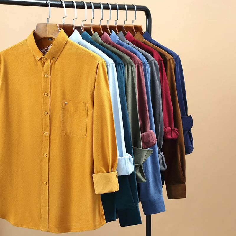 Neue Herrenhemden aus reiner Baumwoll-Cord, modisch, Business-Casual, bequem, extra Größe, einfarbig, langärmelig, Herrenbekleidung
