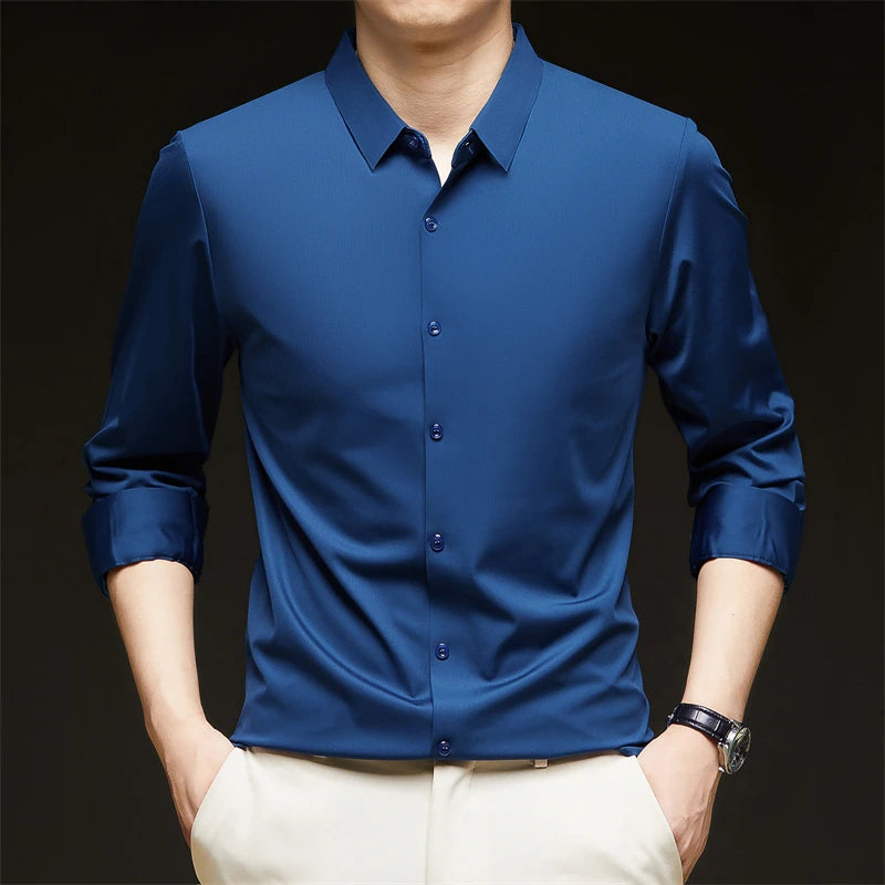 Neues, langärmliges, einfarbiges Business-Casual-Hemd für Herren, knitterfrei, knitterfrei, bequem, vielseitiges Oberteil für die ganze Saison