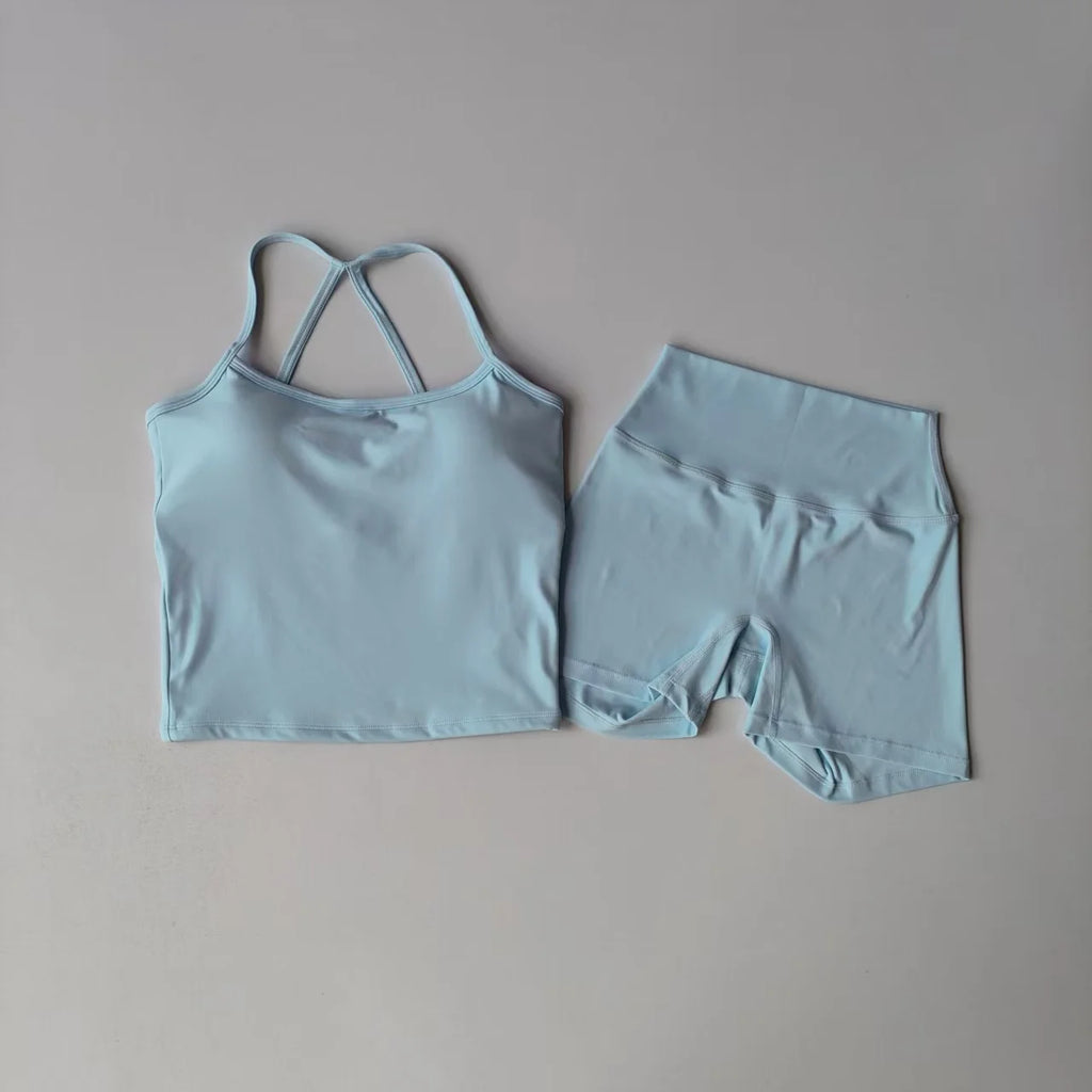 Yoga Gym Set Neckholder Top Set Yoga Hohe Taille Shorts Set Rückenfreie Strumpfhosen BH Weste Nahtlose Stretch Gerippte Gesäß Lift Shorts Set