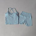 Yoga Gym Set Neckholder Top Set Yoga Hohe Taille Shorts Set Rückenfreie Strumpfhosen BH Weste Nahtlose Stretch Gerippte Gesäß Lift Shorts Set