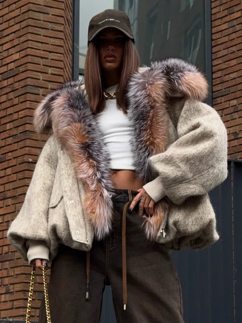 Gefärbter Pelzkragen, kurze Wolljacke für Damen, modisch, Revers, volle Ärmel, einreihig, Patchwork, lose Jacken, 2025, Winter-Outwear
