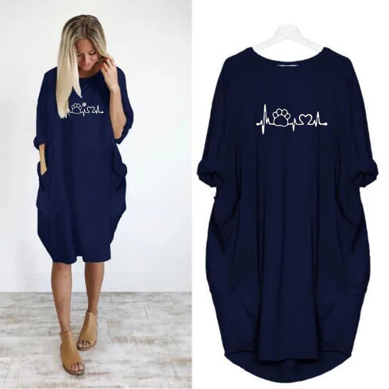 Frauen Lose Lange Ärmeln Sommer Plus Größe Kleid Herbst Winter Casual Rundhals Einfarbig Langarm Tasche Lose Pullove