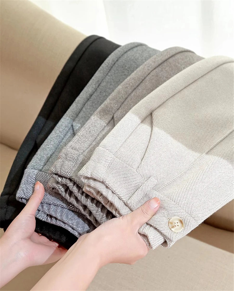 High Waist Wool Blend Pants Women Winter Thicken Plush Lined Harem Pantalones Office Casual Warm Ankle-length Woolen Spodnie