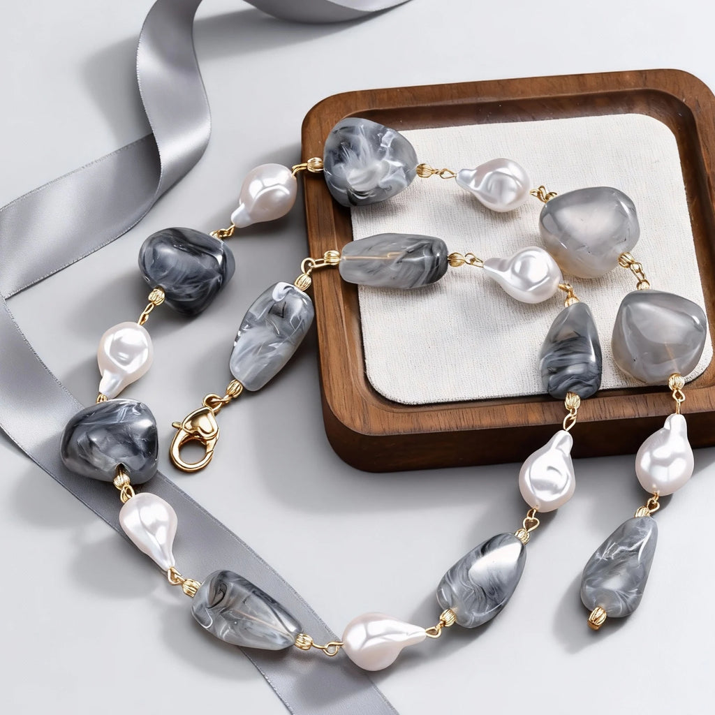 Vnox klobige Halskette mit unregelmäßigen Perlen für Damen, zweifarbige Winterpulloverkette, Schlüsselbein-Hals-Accessoires