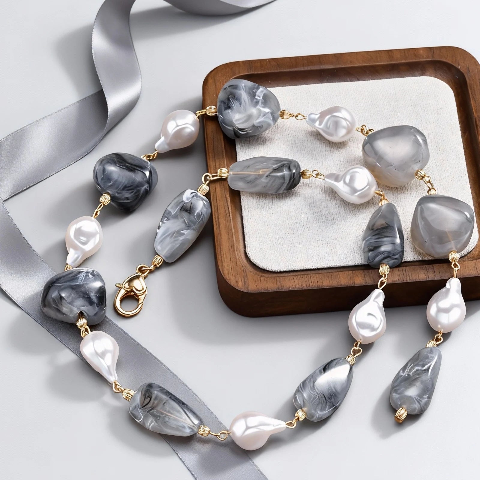 Vnox klobige Halskette mit unregelmäßigen Perlen für Damen, zweifarbige Winterpulloverkette, Schlüsselbein-Hals-Accessoires
