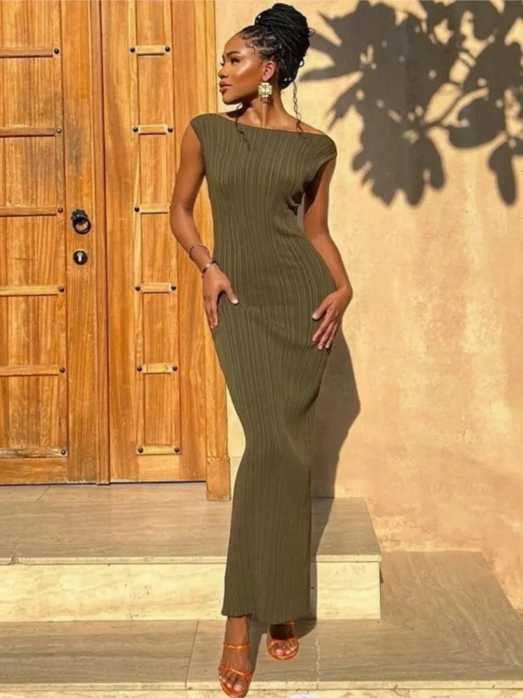 Baumwolle Gestrickte Streifen Kleider Für Frauen Einfarbig Ärmel O Neck Damen Party Langes Kleid 2025, Neue Casual Pendeln Vestidos