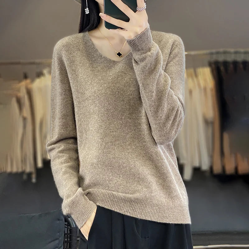 Frauen 100% Merinowolle Pullover V-Ausschnitt Basic Pullover Herbst Winter Kaschmir Kleidung Langarm weiche Strickwaren Tops einfarbig