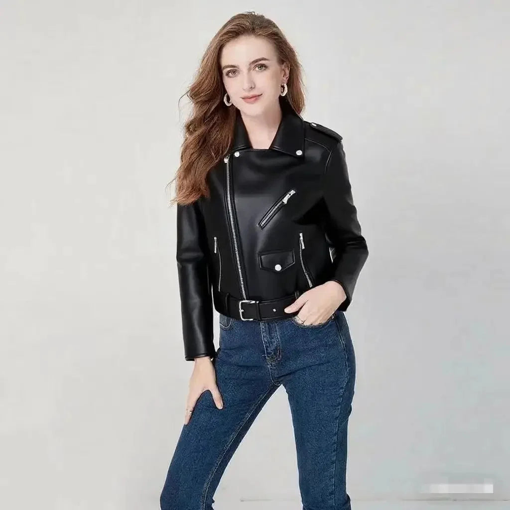 Damen-PU-Lederjacke, schmale Passform, Motorrad, gewaschener Reißverschluss, Oberteil, Herbst-Winter, modische Oberbekleidung, lässiger Stil, volle Ärmel