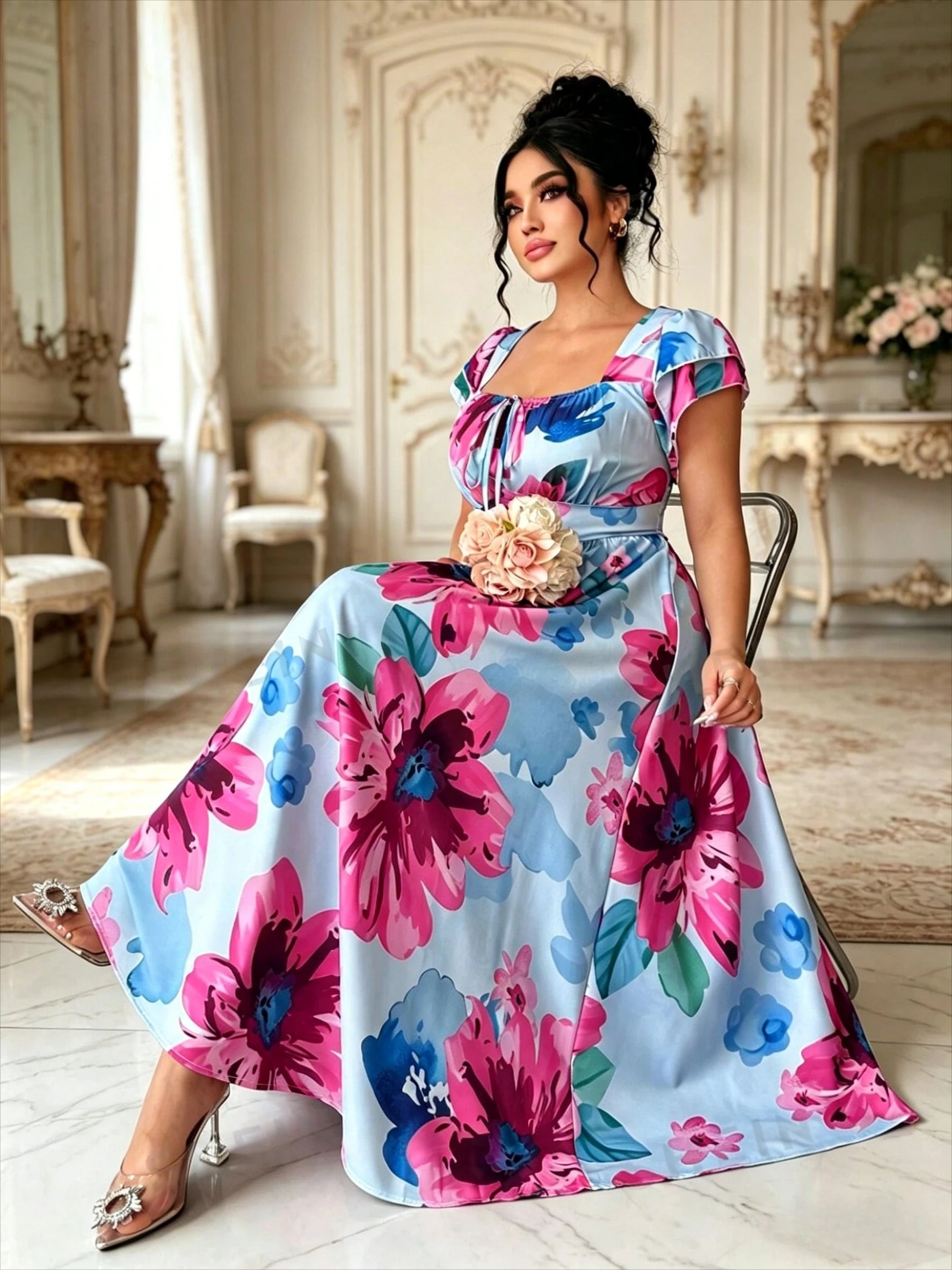 Elegantes, blau bedrucktes A-Linien-Kleid für Damen in Übergröße, schmal geschnittenes, lässiges Minikleid für den Alltag und Verabredungen