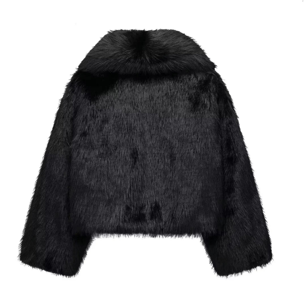 MUJER Schwarzer Kunstpelzmantel für Damen, Herbst-Winter-Plüschmäntel und Jacken, Streetwear-Outer, langärmelig, warme Damenmäntel