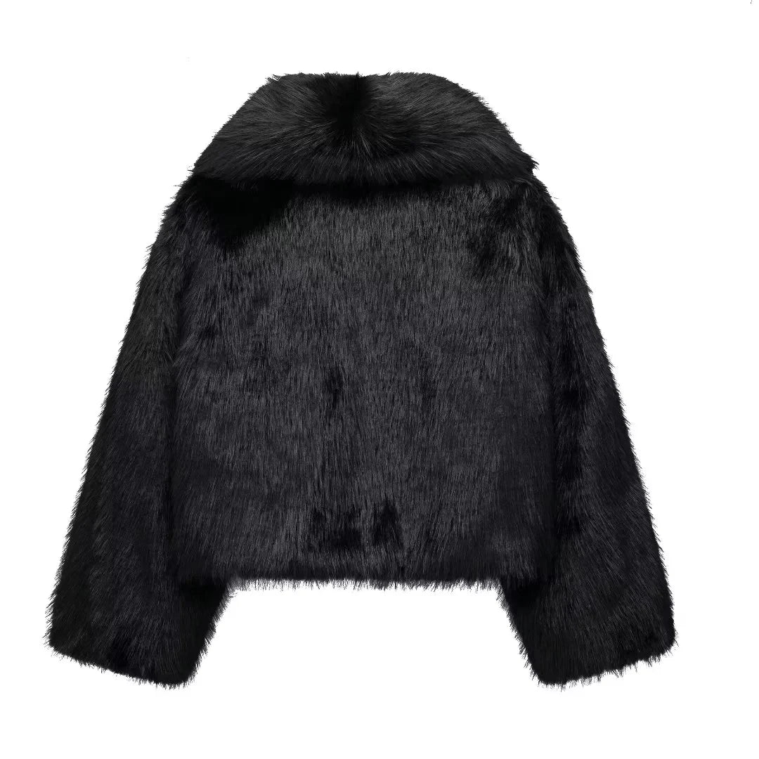 MUJER Schwarzer Kunstpelzmantel für Damen, Herbst-Winter-Plüschmäntel und Jacken, Streetwear-Outer, langärmelig, warme Damenmäntel