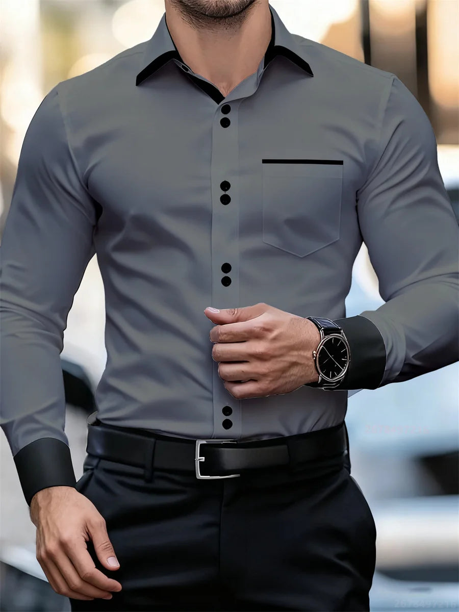 Herren-Business-Langarmhemd mit Farbblockkragen, schmale Passform, knitterfrei, schwarz-weißes Patchwork-Hemd, modisches Herrenoberteil